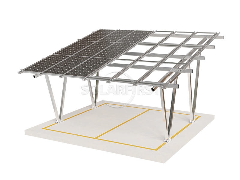 Aluminum solar carport with two parking bays, single-column structure, monocrystalline PV panels on top